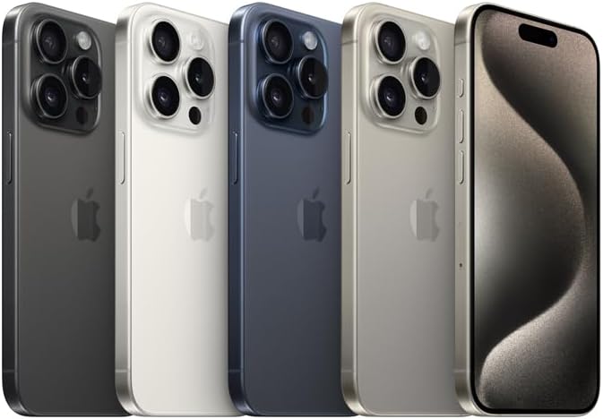 Coleção de Apple iPhone 15 Pro em várias cores, incluindo Titânio Azul, frente e verso.