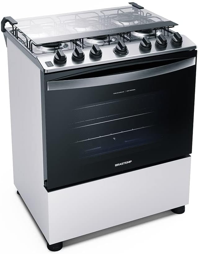 Fogão Brastemp 6 bocas branco acendimento automático com tampa de vidro aberta