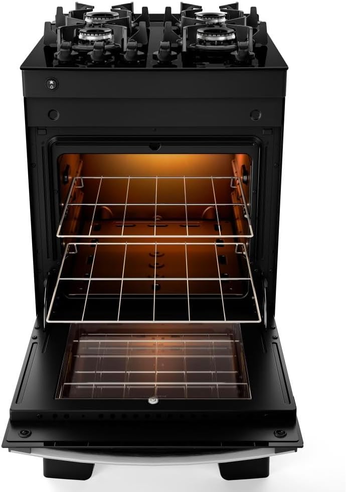 Forno do fogão preto Atlas Agile Up 4 bocas aberto com iluminação interna e grelhas