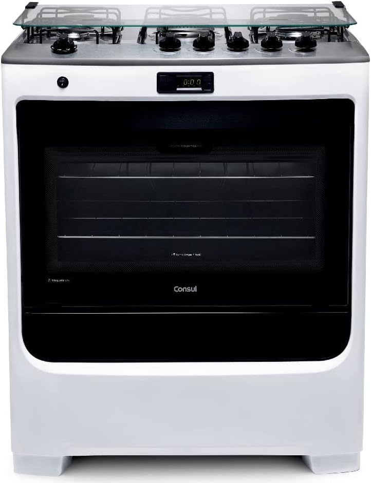 Fogão Consul 5 bocas branco com forno e timer digital frontal
