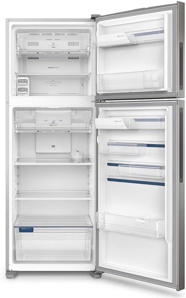 Geladeira Electrolux Frost Free Inverter 480L inox aberta vazia mostrando divisórias e prateleiras internas