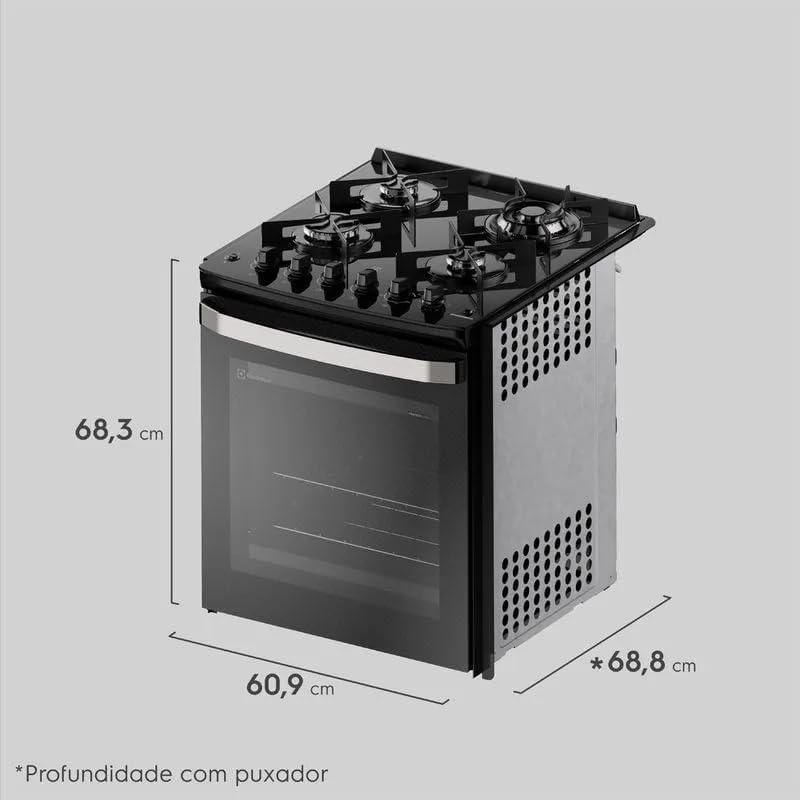 Fogão de embutir Electrolux preto 4 bocas com medidas 68,3cm altura, 60,9cm largura e 68,8cm profundidade.