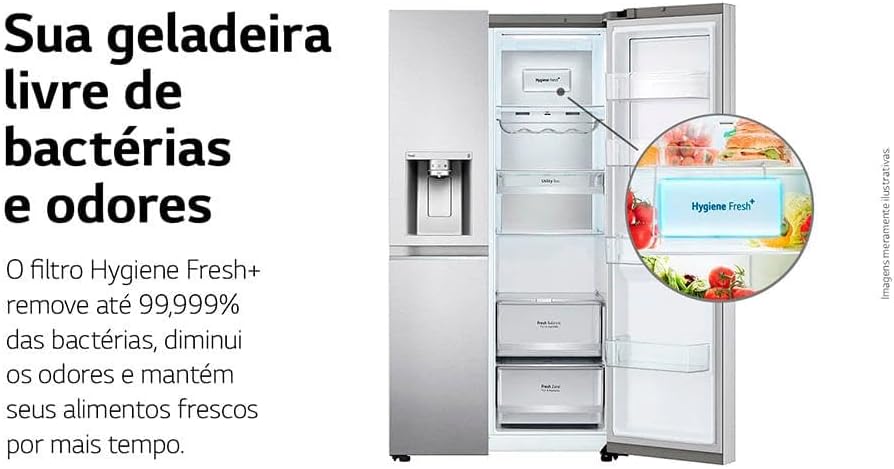 Interior refrigerador LG Side By Side com filtro Hygiene Fresh+ removendo bactérias