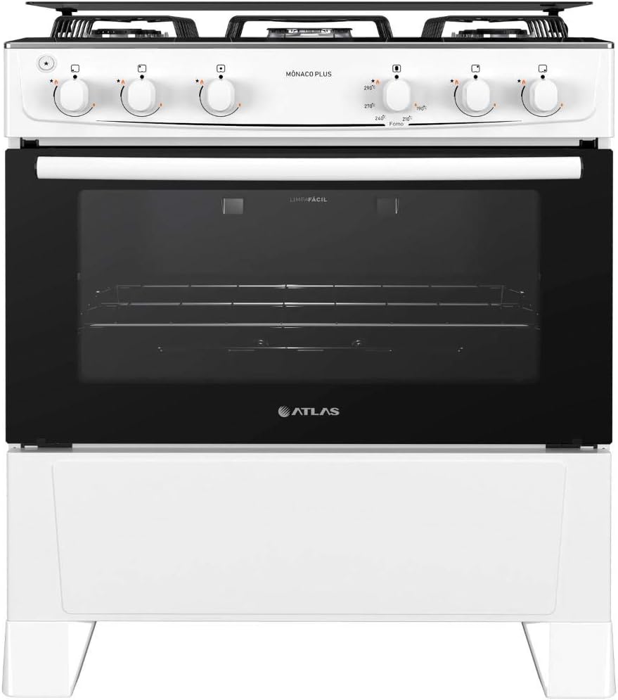 Fogão Atlas Mônaco Plus 5 bocas branco com porta forno vidro e mes inox vista frontal