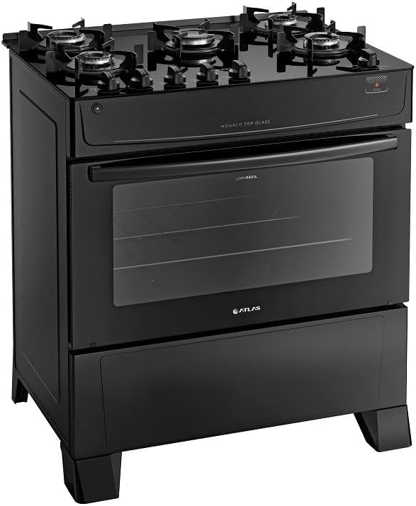 Fogão preto 5 bocas Atlas Mônaco Top Glass com acendimento automático e forno com porta de vidro