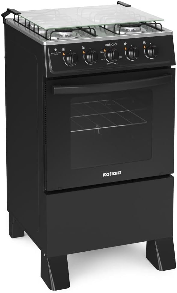 Fogão Itatiaia 4 bocas preto com tampa de vidro e forno com vidro fosco frontal
