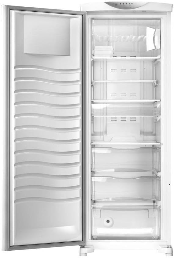 Freezer Brastemp Frost Free Branco 229 litros aberto mostrando interior organizado com prateleiras e compartimento de gelo