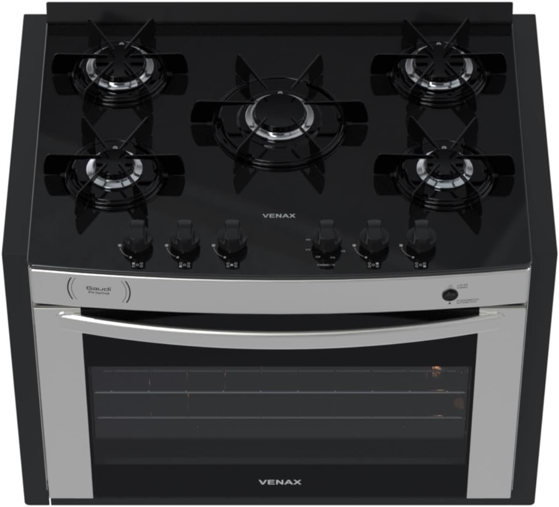Fogão de embutir Gaudi Prisma Vitreo BL 5 bocas vista superior com mesa vidro preto