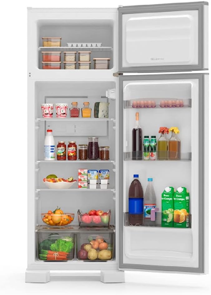 Refrigerador Esmaltec 306L branco aberto com alimentos
