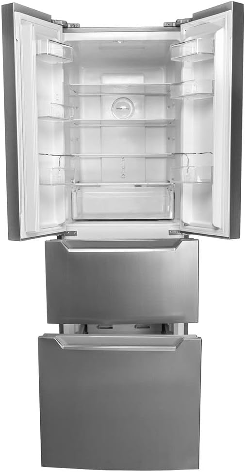 Geladeira Philco inox French Door Eco Inverter Frost Free com portas superiores abertas mostrando interior