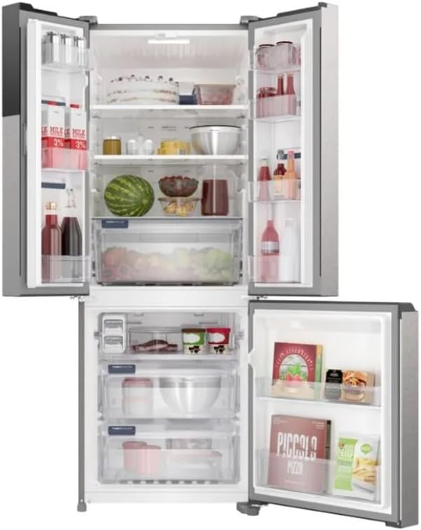 Geladeira Electrolux Frost Free Inverter 480L 3 portas mostrando interior com alimentos armazenados