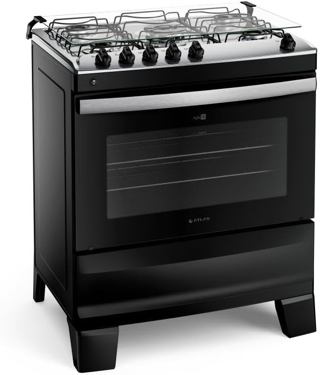 Fogão preto 5 bocas com mesa inox Atlas Agile Up bivolt frontal e lateral
