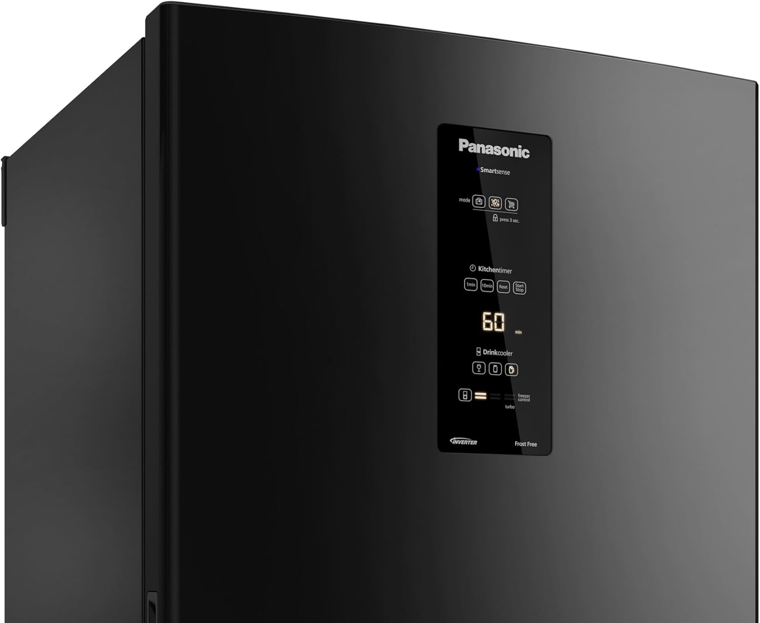 Painel digital da geladeira Panasonic BB64 Black Inox com controles e display LED