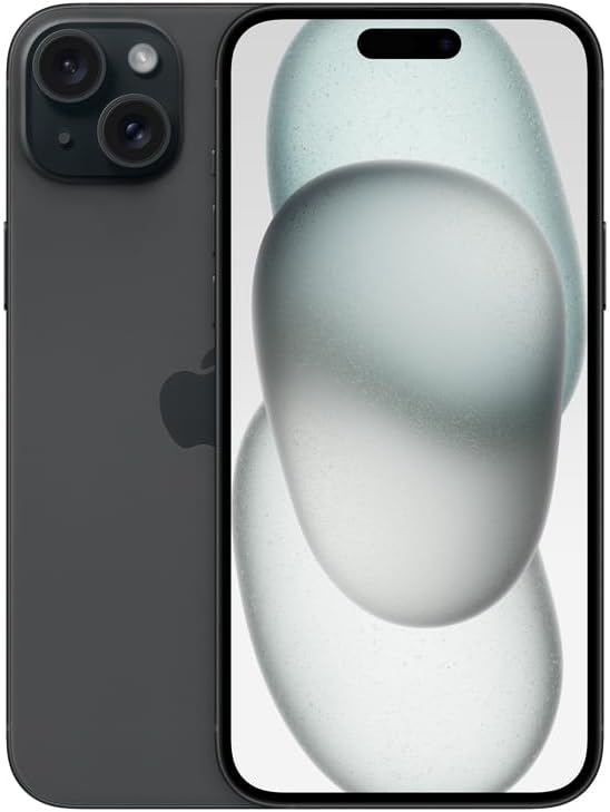 iPhone 15 Plus preto imagem frontal e traseira com câmeras duplas e logo Apple