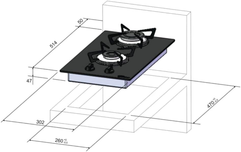 Diagrama técnico dimensões cooktop Fischer 2 bocas vidro preto