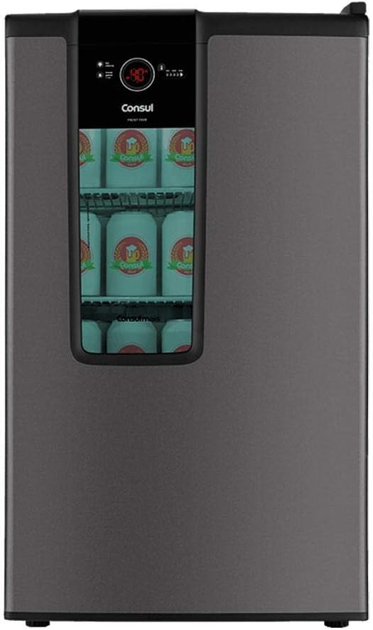 Cervejeira Consul Titanium com porta vidro e latas de cerveja no interior