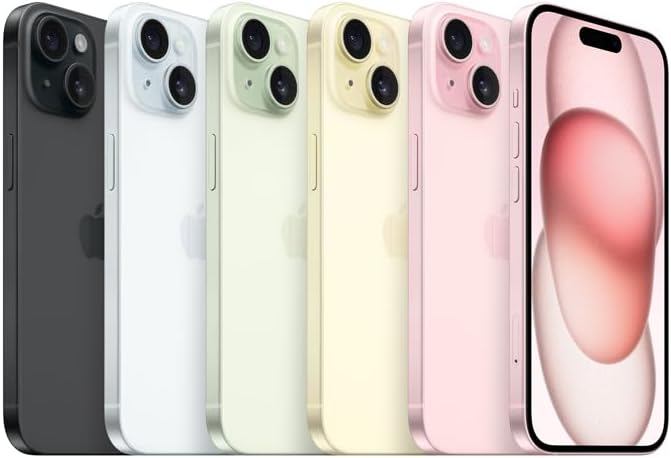 Linhas de iPhone 15 em variadas cores mostrando frente e costas