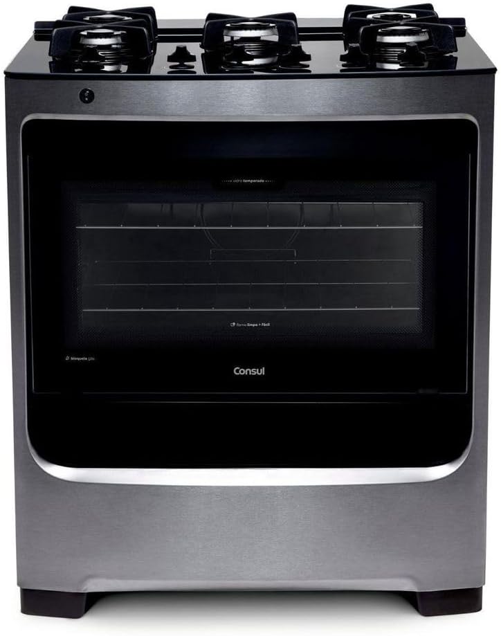 Fogão Consul 5 bocas inox com mesa de vidro e grade de ferro fundido vista frontal