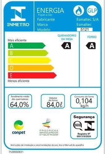 Etiqueta eficiência energética fogão Esmaltec Ideal Super 5 Bocas com selo INMETRO e classificação A