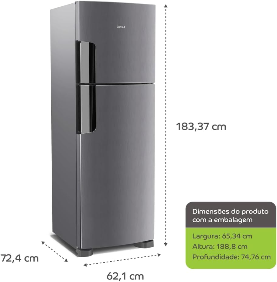 Geladeira Consul Frost Free Duplex 386 litros inox com dimensões destacadas visualmente.