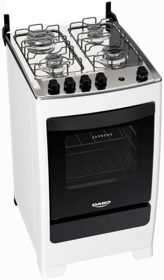 Fogão de piso 4 bocas Dako Supreme em acabamento branco com forno porta vidro escuro, vista angular