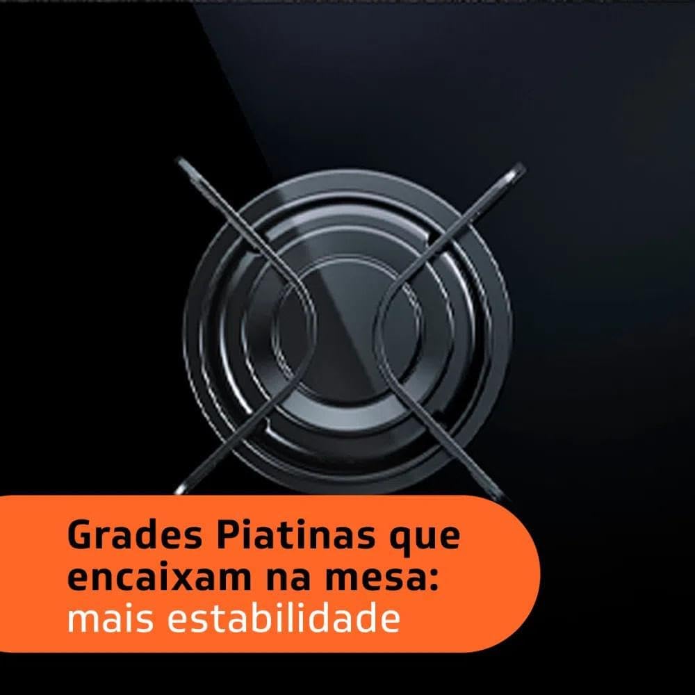 Close em grade piatina cooktop Brastemp preto com texto de estabilidade