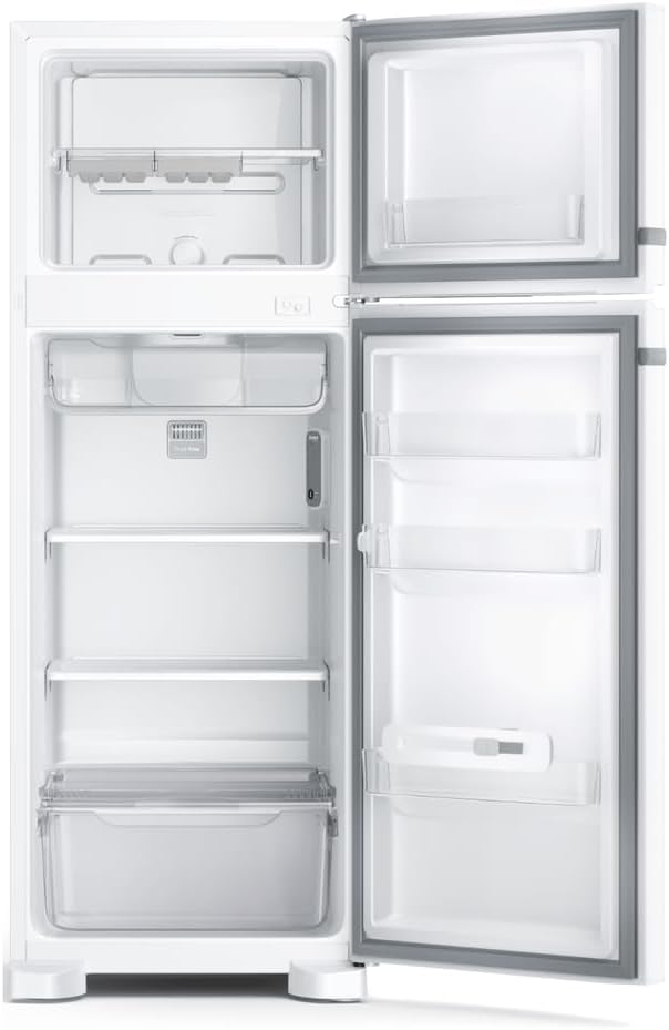 Interior da geladeira Consul Frost Free Duplex 340 litros com portas abertas mostrando freezer e refrigerador