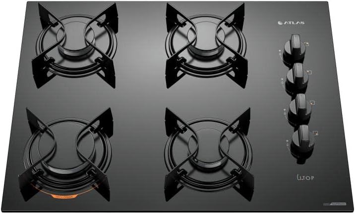Cooktop 4 bocas preto vidro Atlas U Top com botões laterais