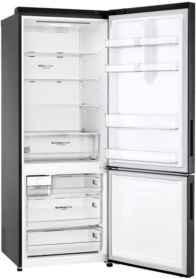 Interior do Refrigerador LG GC-B569NQL2 aberto mostrando geladeira e freezer com prateleiras e gavetas
