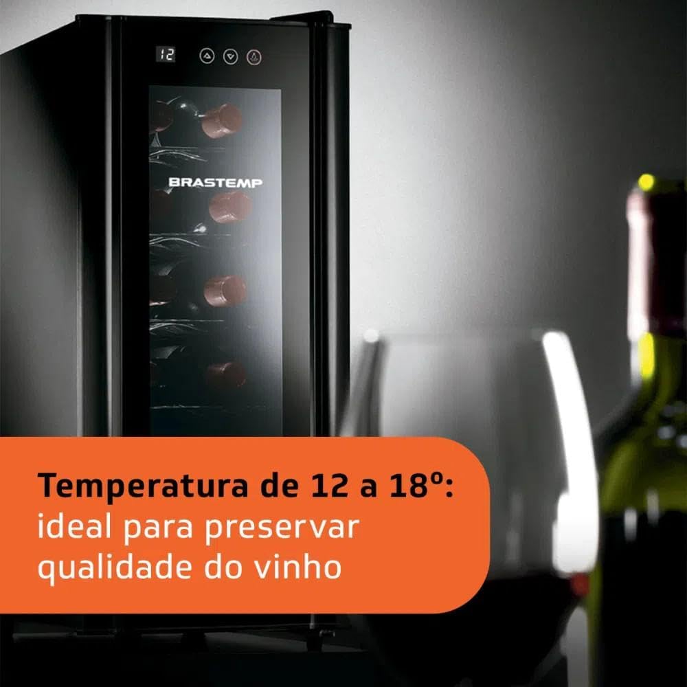 Adega climatizada Brastemp com controle digital, garrafas de vinho internas e texto explicativo sobre temperatura ideal para preservação do vinho.