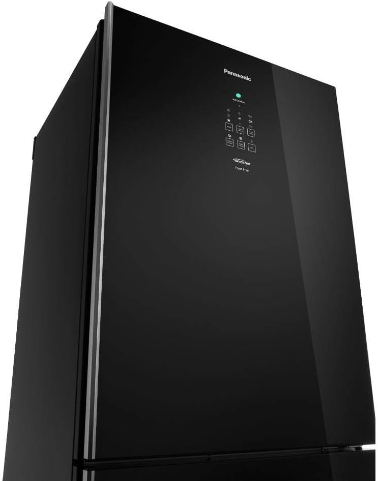 Geladeira Panasonic Frost Free vidro preto vista em ângulo superior esquerdo