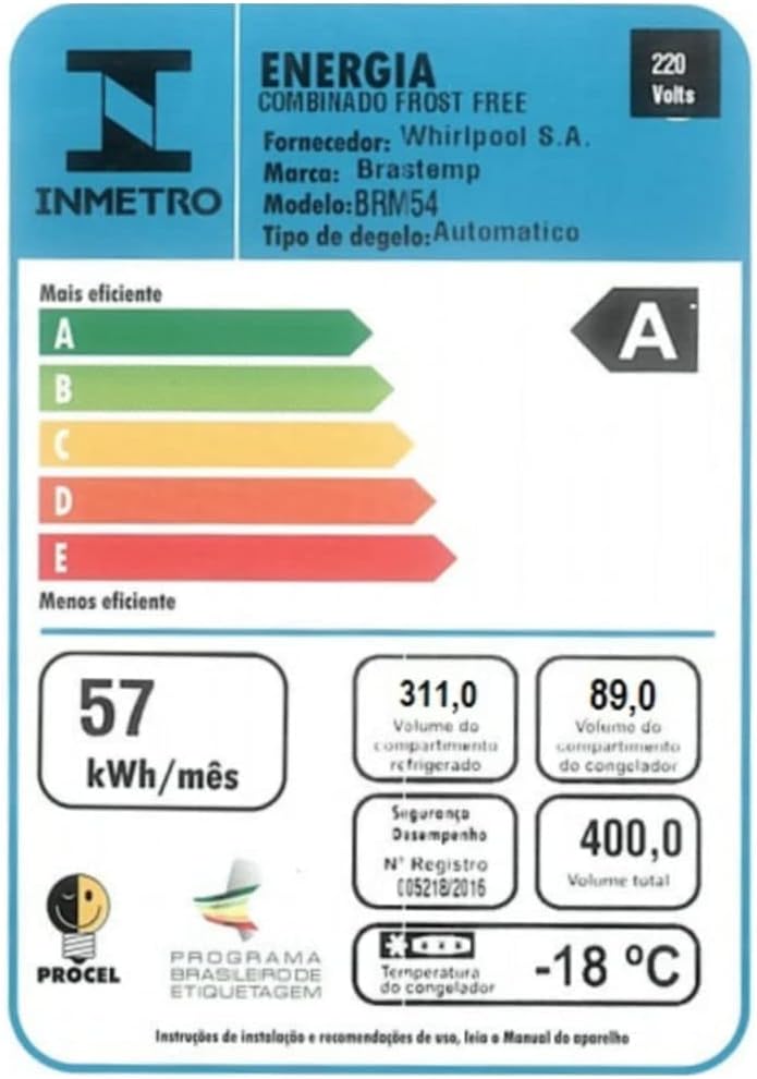 Etiqueta INMETRO de eficiência energética A para geladeira Brastemp BRM54 com 400 litros
