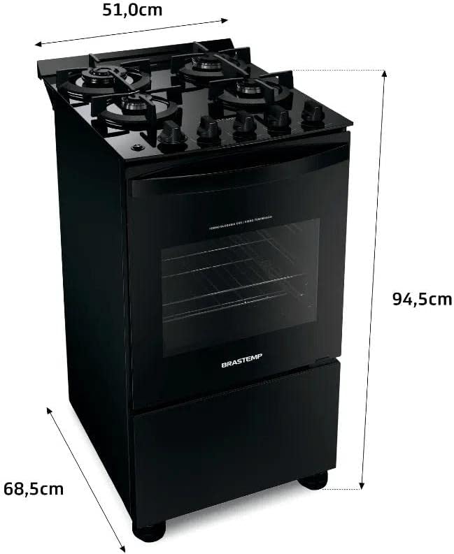 Fogão Brastemp 4 bocas preto com mesa de vidro com dimensões 51x68,5x94,5 cm