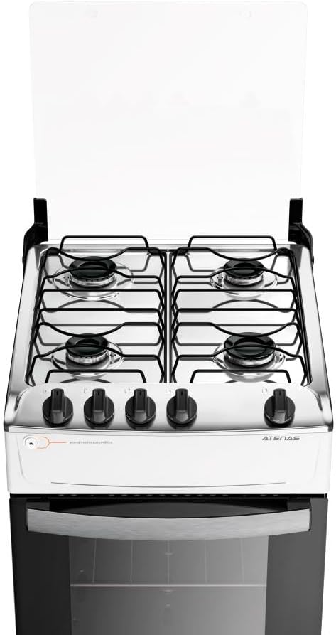 Detalhe superior do fogão Atlas Atenas 4 bocas branco com mesa inox