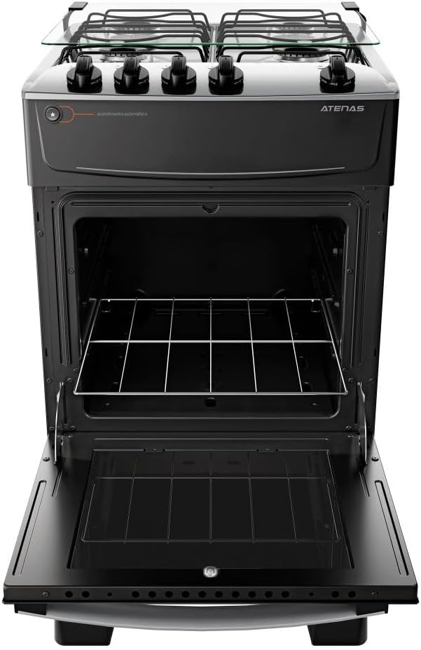 Fogão Atlas Atenas preto com mesa inox forno aberto e grade interna vazia