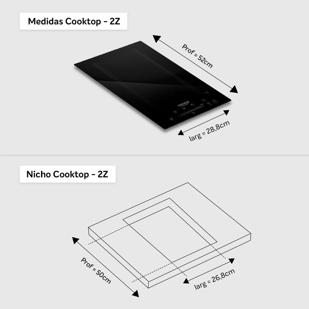 Diagramas com medidas do cooktop de indução Dako 2 bocas e medidas do nicho para instalação