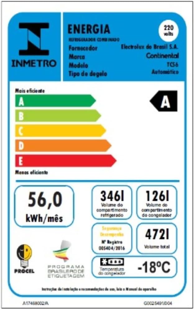 Etiqueta Inmetro eficiência energética A para refrigerador Continental 220 volts, 472 litros.