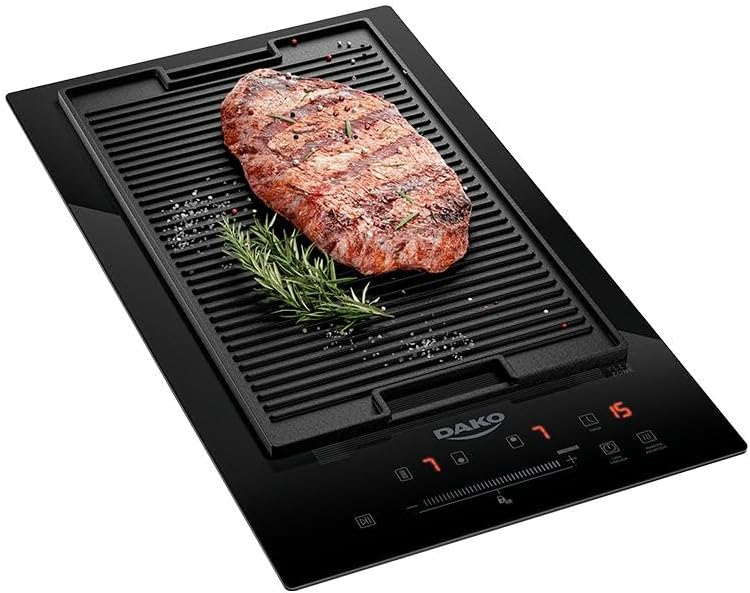 Cooktop de Indução Dako 2 bocas preto com grelha e carne grelhada