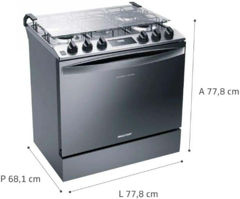 Fogão Brastemp 5 bocas inox embutir medidas altura 77,8 cm largura 77,8 cm profundidade 68,1 cm