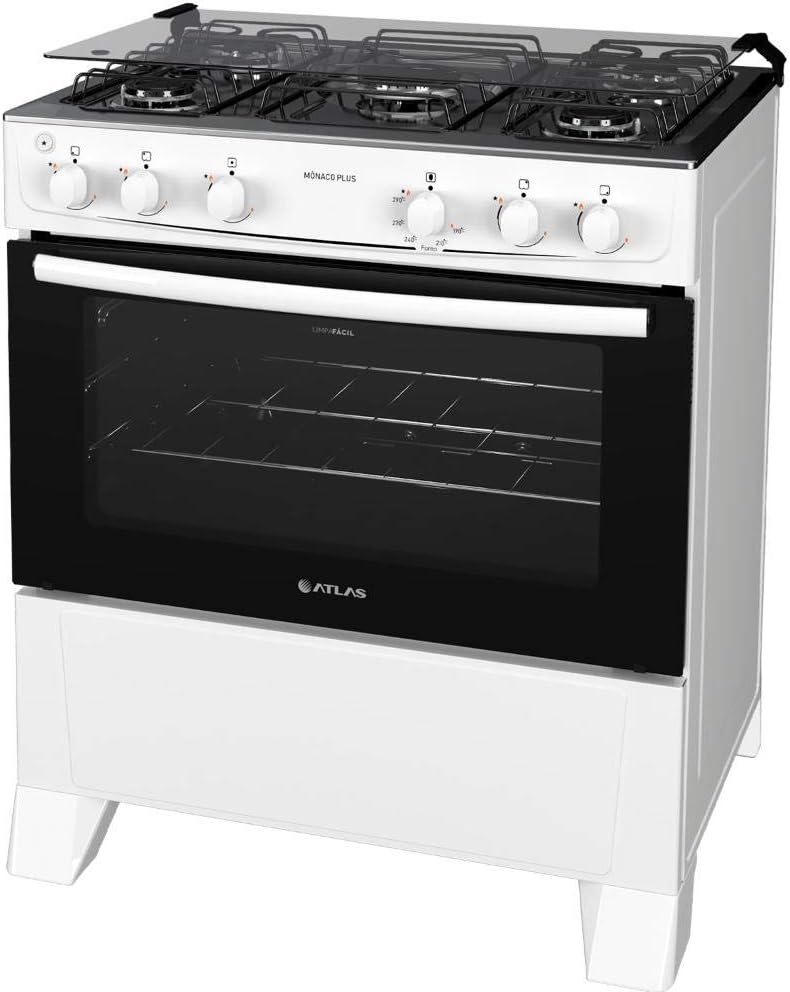 Fogão Atlas Mônaco Plus 5 bocas branco com mesa inox acendimento automático vista lateral direita