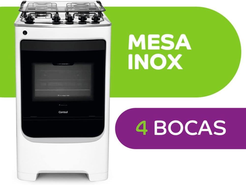 Fogão Consul 4 bocas branco com mesa inox destaque verde e texto promocional