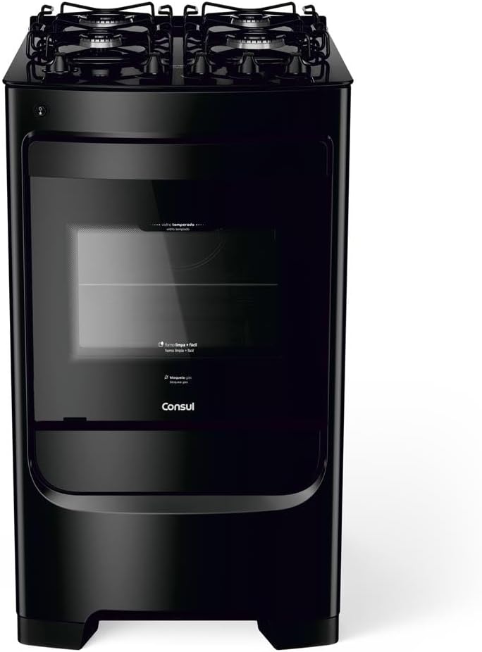 Fogão Consul 4 bocas preto com mesa de vidro e grades individuais super estáveis CFO4VBE Bivolt frontal