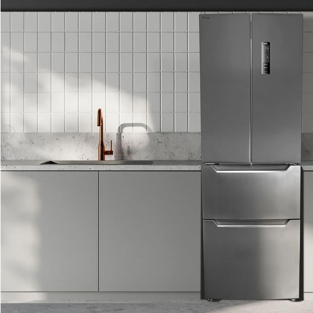 Geladeira Philco French Door inox Eco Inverter Frost Free em cozinha moderna moderna com bancada branca