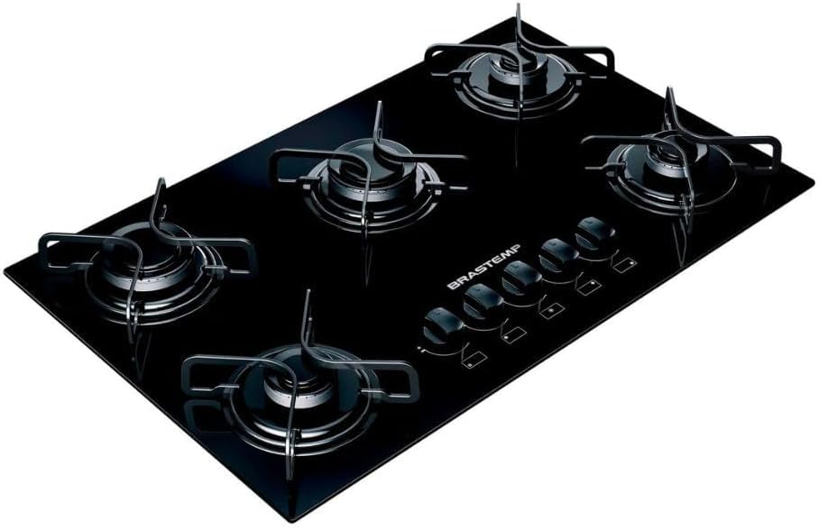 Cooktop Brastemp 5 bocas preto com grades piatina vista angular