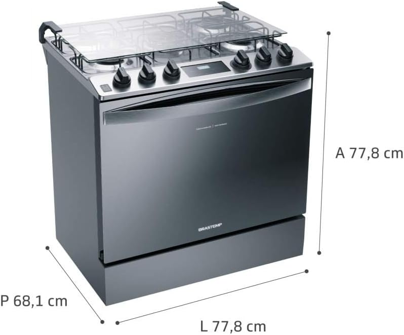 Fogão Brastemp 5 bocas inox embutir com dimensões altura 77,8 cm largura 77,8 cm profundidade 68,1 cm