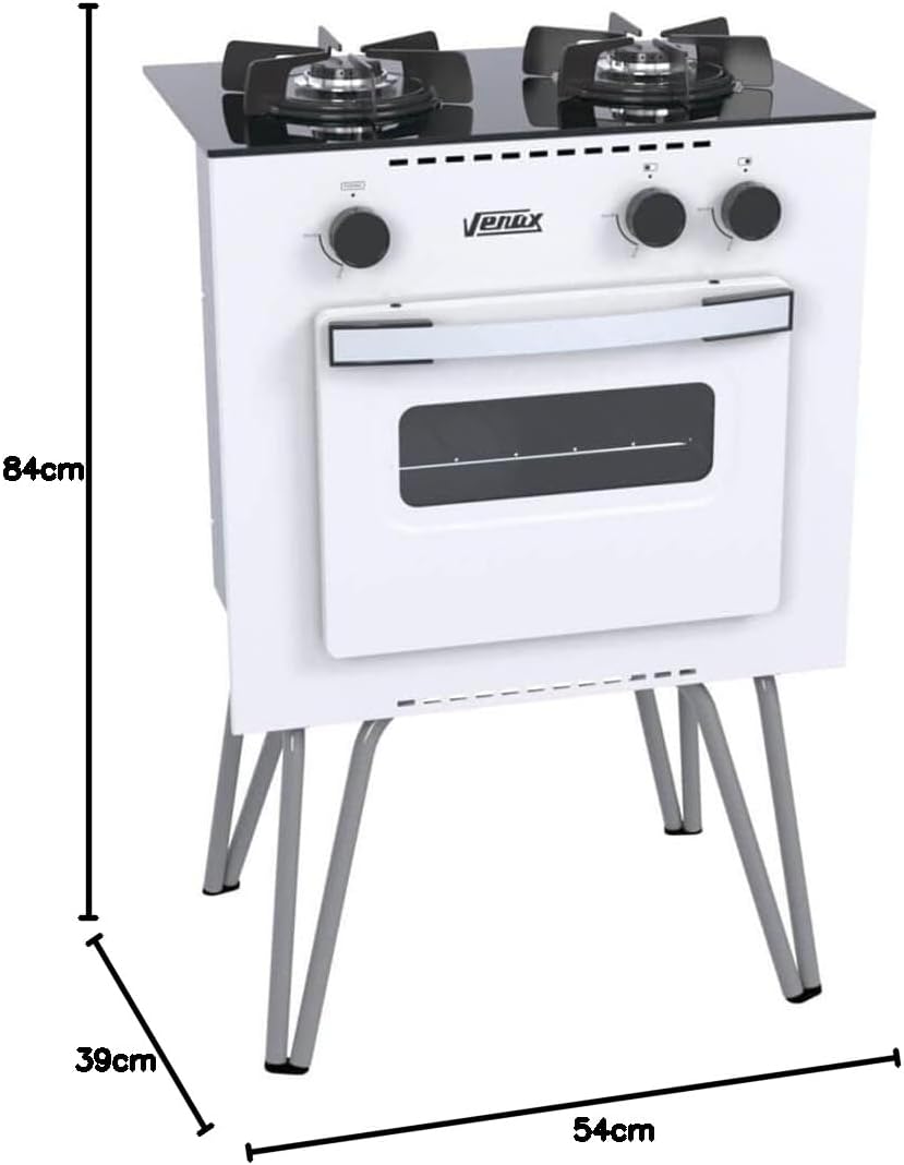 Fogão Venax Mini Cook 2Q branco com forno, mostrando medidas 84x54x39 cm.