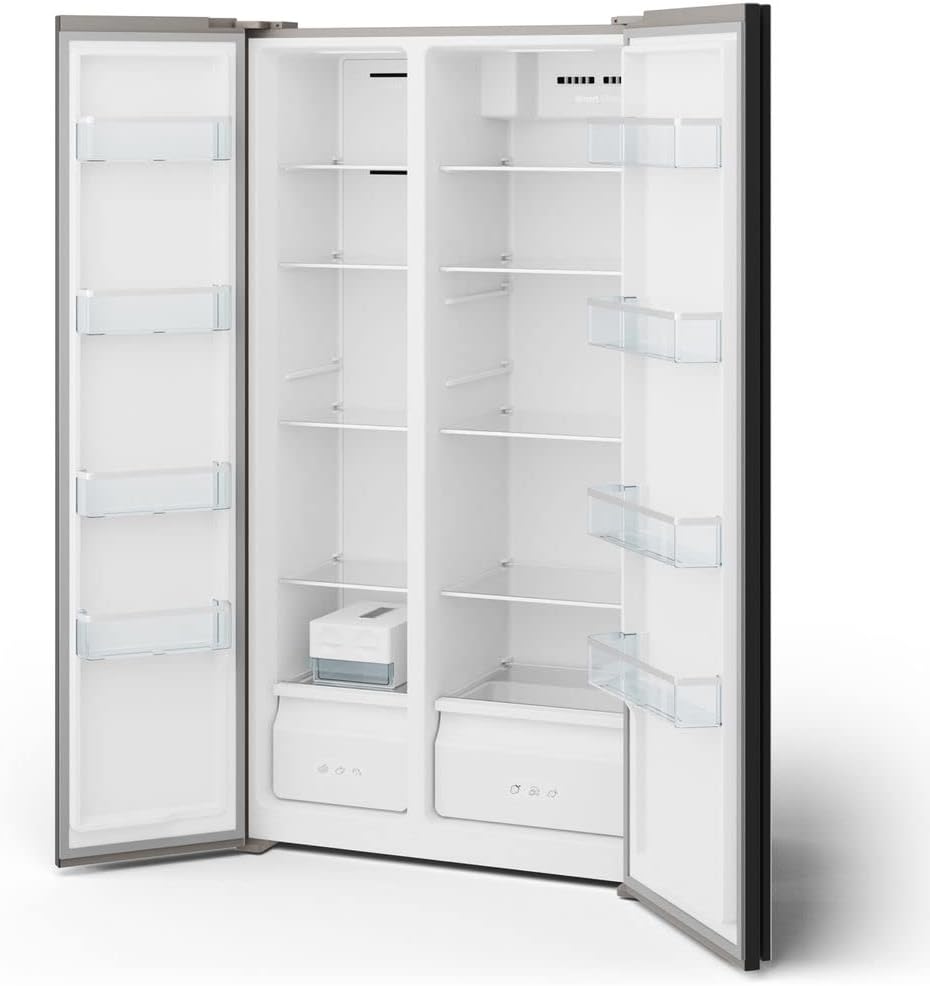 Interior do refrigerador PHILCO Side by Side 489L com portas abertas mostrando prateleiras e gavetas
