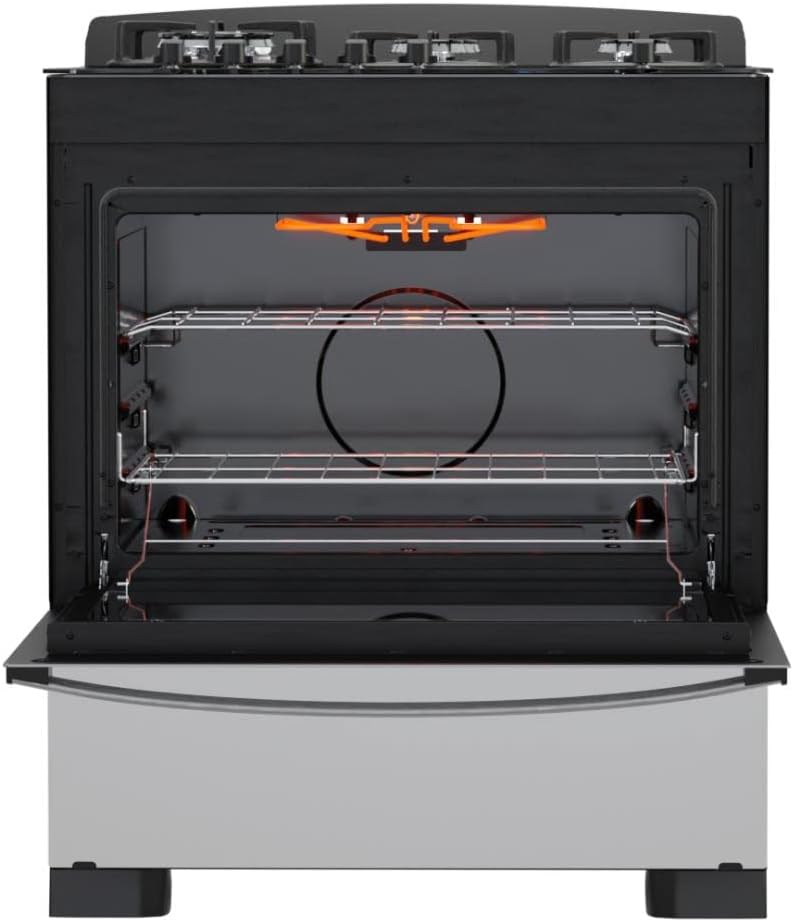 Forno aberto fogão 5 bocas Dako Diplomata Glass com interior iluminado e prateleiras