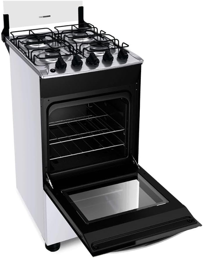 Fogão Brastemp 4 bocas branco com forno aberto e duas prateleiras internas ajustáveis.