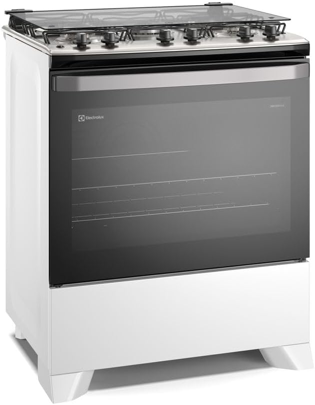 Fogão Electrolux branco 5 bocas com forno e tampo com botões pretos.